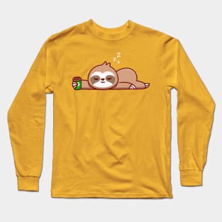 Cute Sloth With Coffee Cup Cartoon Long Sleeve T-Shirt